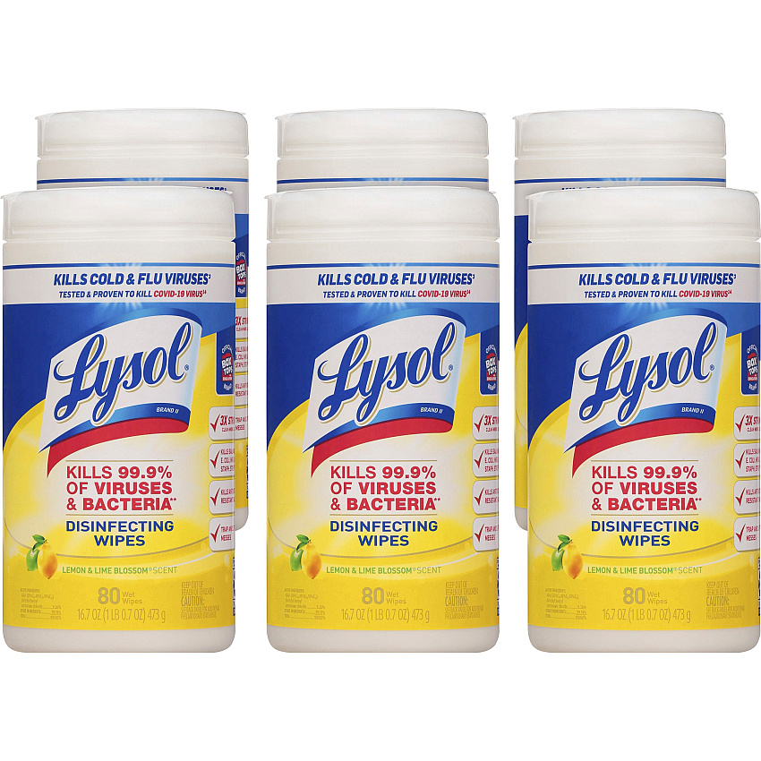 Lysol&reg; Disinfecting Wipes, Lemon & Lime, 80 Wipes, 6 Canisters (77182CT)
