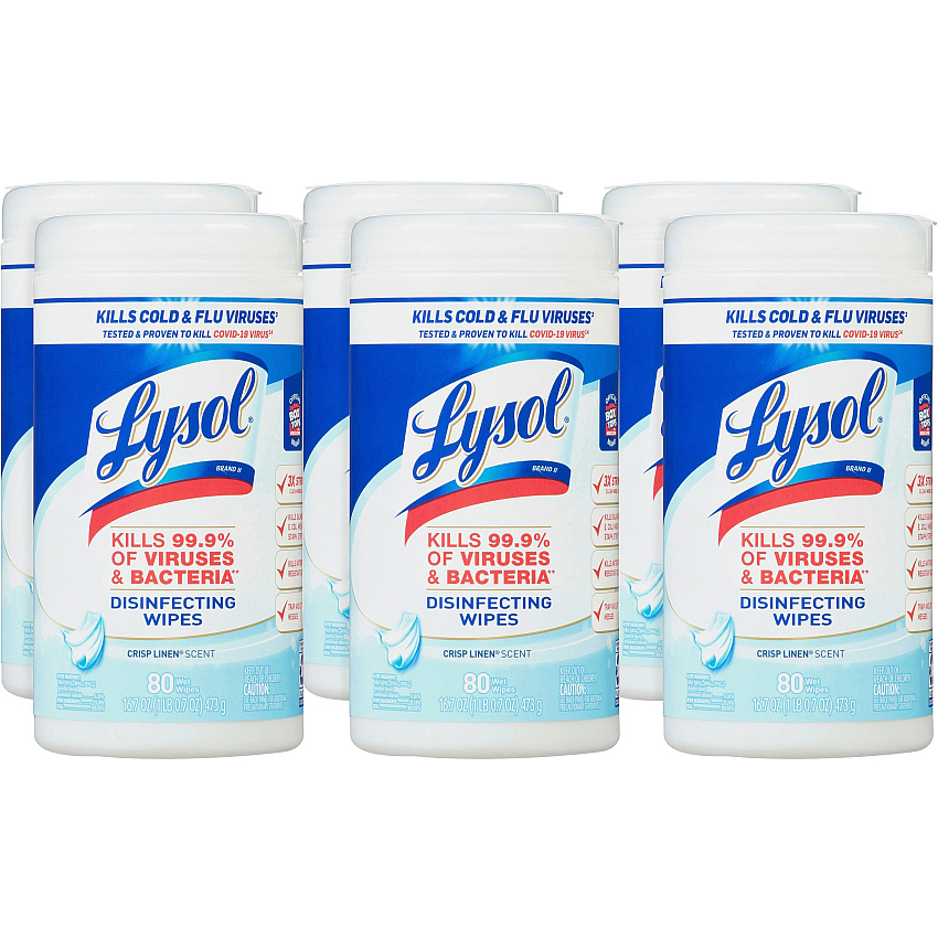 Lysol&reg; Disinfecting Wipes, Crisp Linen Scent, 80 Wipes, 6 Canisters (89346CT)