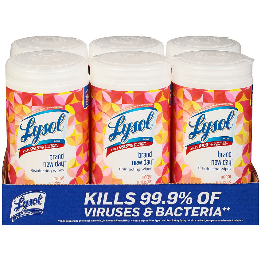 Lysol&reg; Disinfecting Wipes, 1-Ply, 7 x 7.25, Mango and Hibiscus, White, 80 Wipes/Canister, 6 Canisters/Carton (97181)