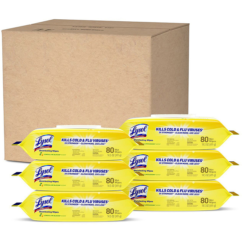 LYSOL Brand Disinfecting Wipes Flatpacks, 1-Ply, 6.69 x 7.87, Lemon and Lime Blossom, White, 80 Wipes/Flat Pack, 6 Flat Packs/Carton (99716CT)