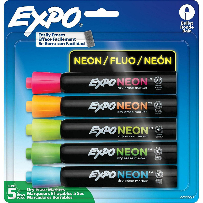 EXPO Neon Windows Dry Erase Marker, Broad Bullet Tip, Assorted Colors, 5/Pack (1752226)