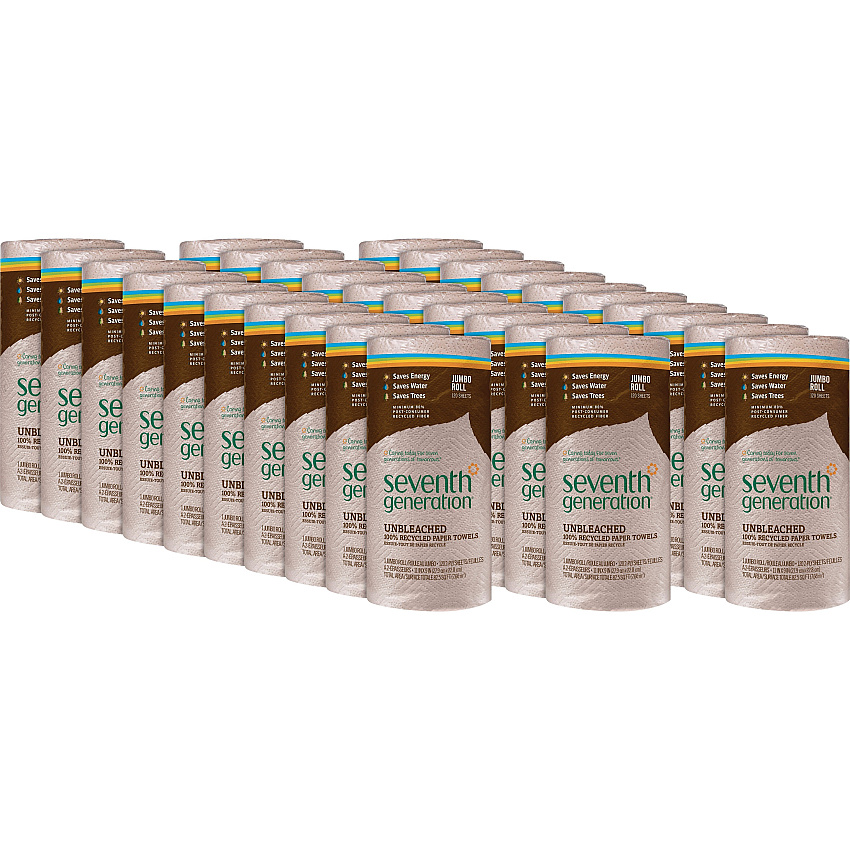 Seventh Generation Natural Unbleached 100% Recycled Paper Kitchen Towel Rolls, 2-Ply, Individually Wrapped, 11 x 9, 120/Roll, 30 Rolls/Carton (13720CT)