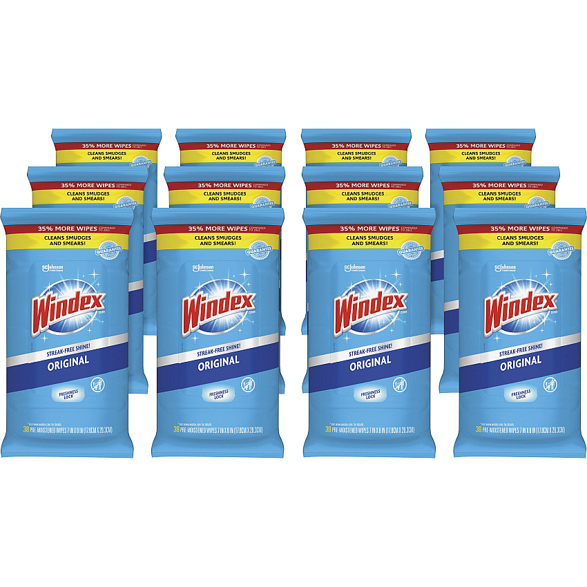 Windex&reg; Glass and Surface Wet Wipe, 7"x 8", 38 Wipe Pack, 12 Packs (319251)