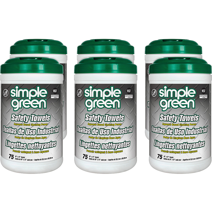 simple green Safety Towels, 1-Ply, 10 x 11.75, White, Unscented, 75/Canister, 6 Canisters/Carton (13351CT)