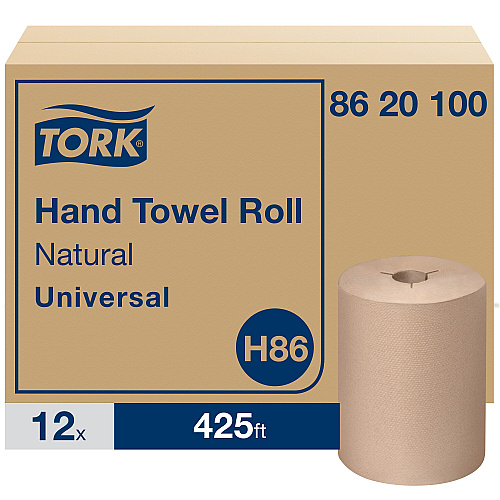 Tork Universal Hand Towel Roll, Notched, 1-Ply, 8" x 425 ft, Natural, 12 Rolls/Carton (8620100)