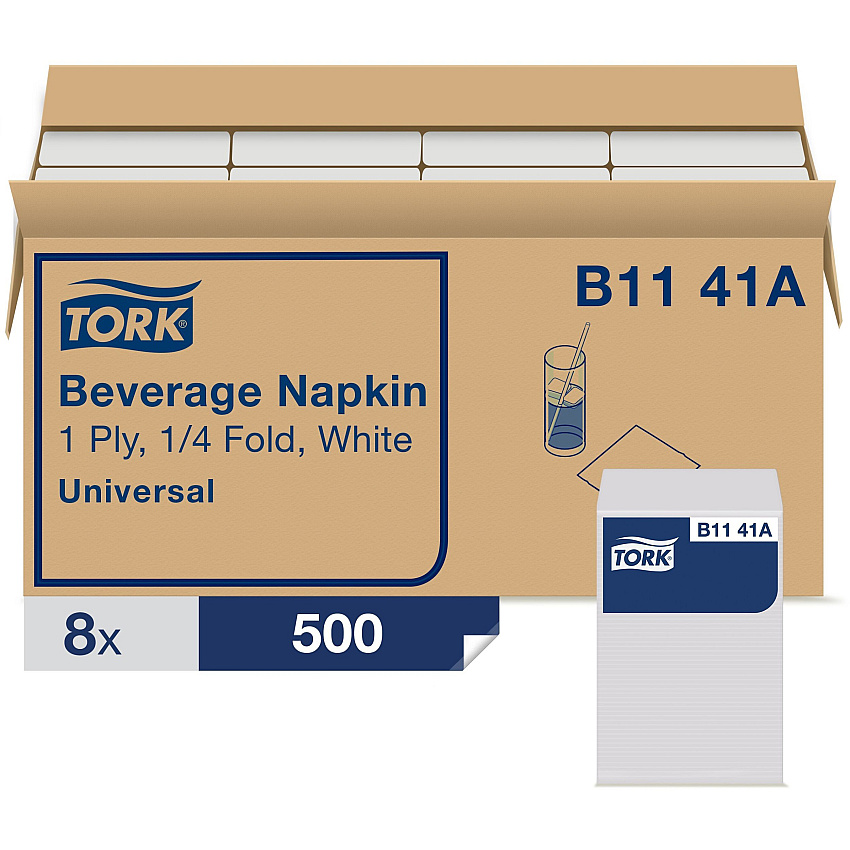 Tork&reg; Beverage Napkins, 1-Ply, 500 Napkin Pack, 8 Packs (B1141A)
