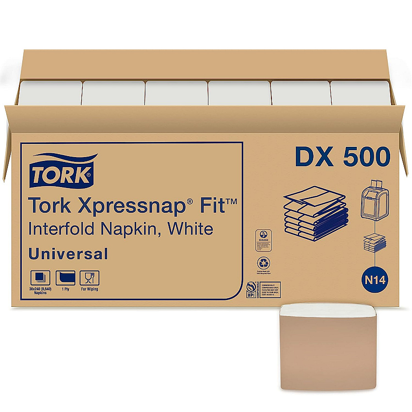 Tork&reg; Xpressnap Fit Interfold Napkins, White, 240 Napkin Pack, 36 Packs (DX500)