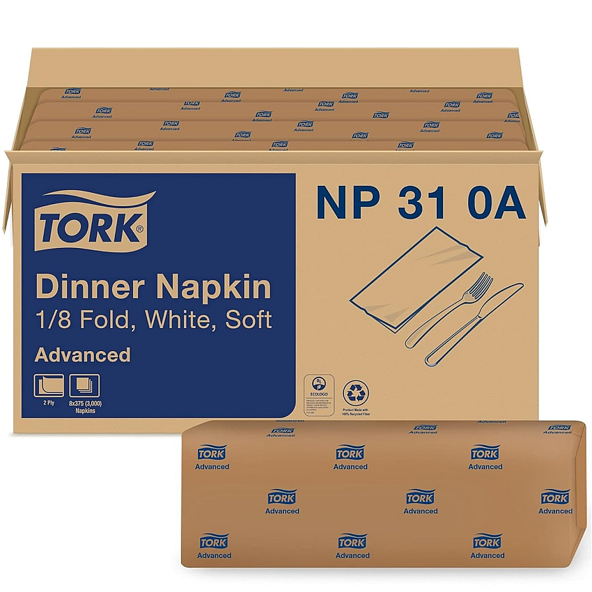 Tork Advanced Dinner Napkins, 2 Ply, 15" x 16.25", 1/8 Fold, White, 375/Packs, 8 Packs/Carton (NP310A)