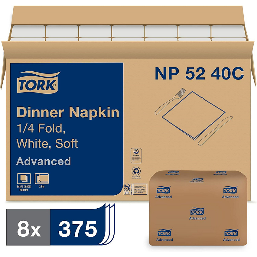 Tork&reg; Advanced Dinner Napkins, 2-Ply, White, 375 Napkin Pack, 8 Packs (NP5240C)