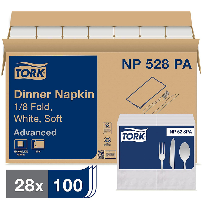 Tork&reg; Advanced Dinner Napkins, 2-Ply, White, 100 Napkin Pack, 28 Packs (NP528PA)