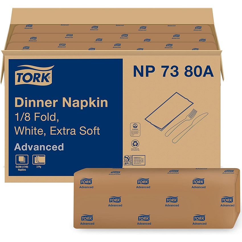 Tork&reg; Advanced Dinner Napkin, 3-Ply, White, 290 Napkin Pack, 6 Packs (NP7380A)