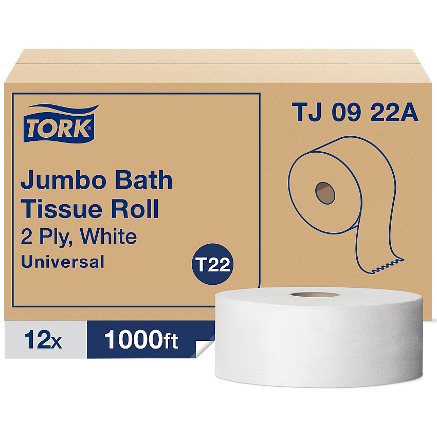 Tork&reg; Jumbo Toilet Paper, 2-Ply, White, 1000-ft., 12 Rolls (TJ0922A)