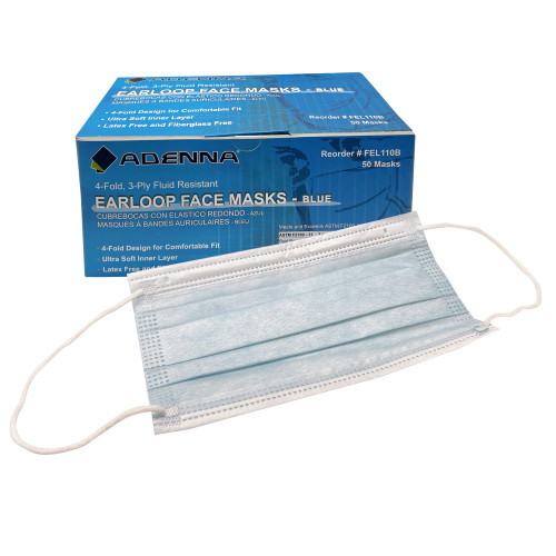 Blue Earloop Face Mask Adenna 3-ply 4-fold 50 Bx 10 Bxs C, Case Of 500 (FEL110B)