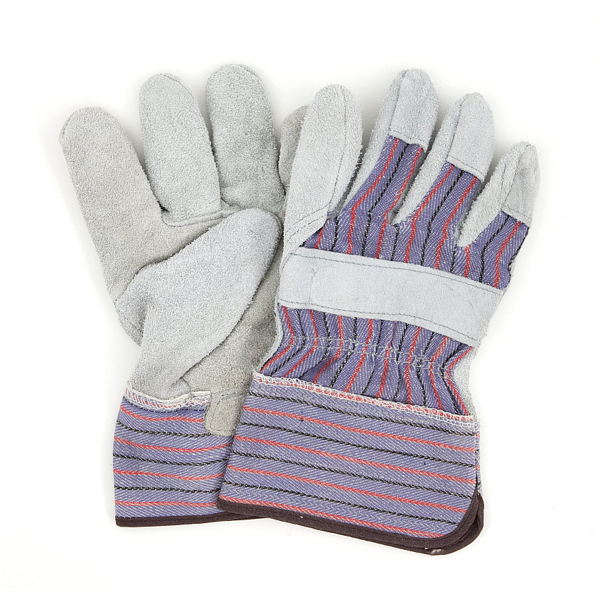 Proworks Standard Leather Palm Gloves, Gray Stripe, Rubberized Safety Cuff, Reinforced Palm, Fingers, & Knuckles, Large, Bag 12 Pairs (GWLPEG1)