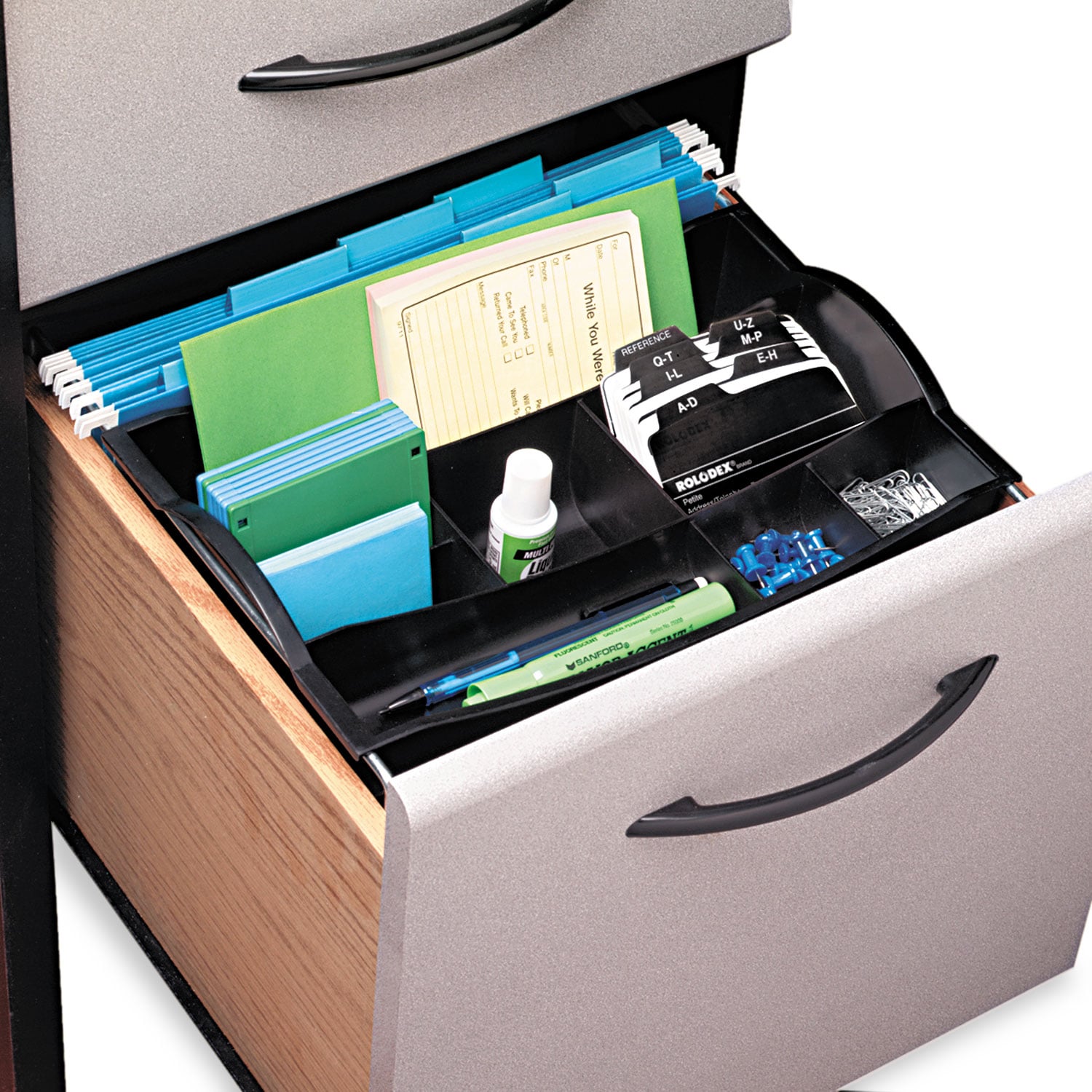 Rubbermaid Plastic Hanging Desk Drawer Organizer, Eight Compartments, 12.5  x 7.75 x 3.25, Black (11916ROS) | OfficeCrave.com, image size:1500x1500