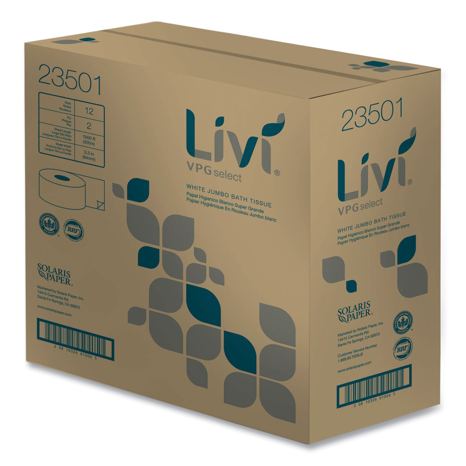 Livi 23501 Jumbo Toilet Paper, 2-Ply, White, 1000-ft., 12 Rolls