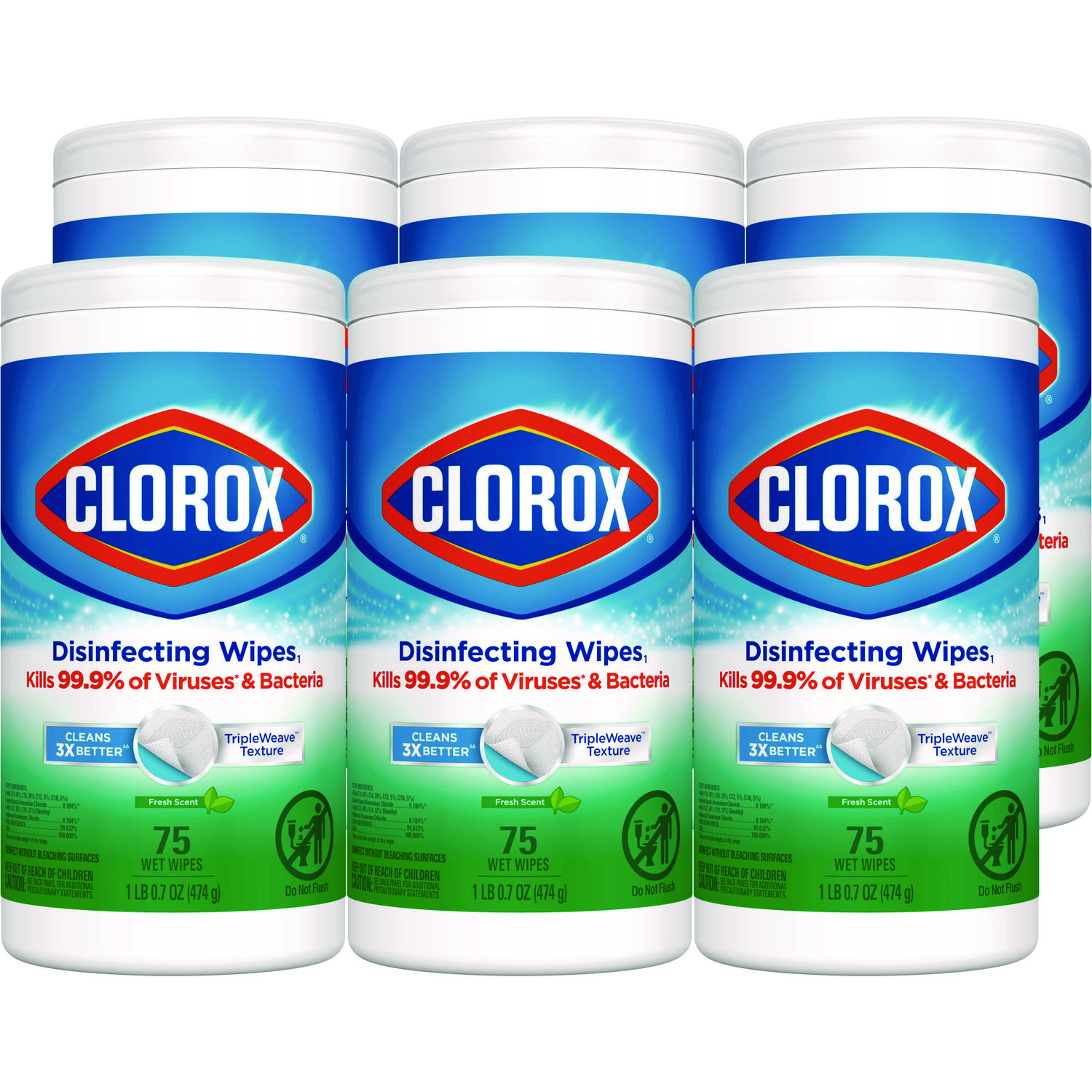 Clorox Disinfecting Wipes, Fresh Scent, 7 x 8, White, 75/Canister