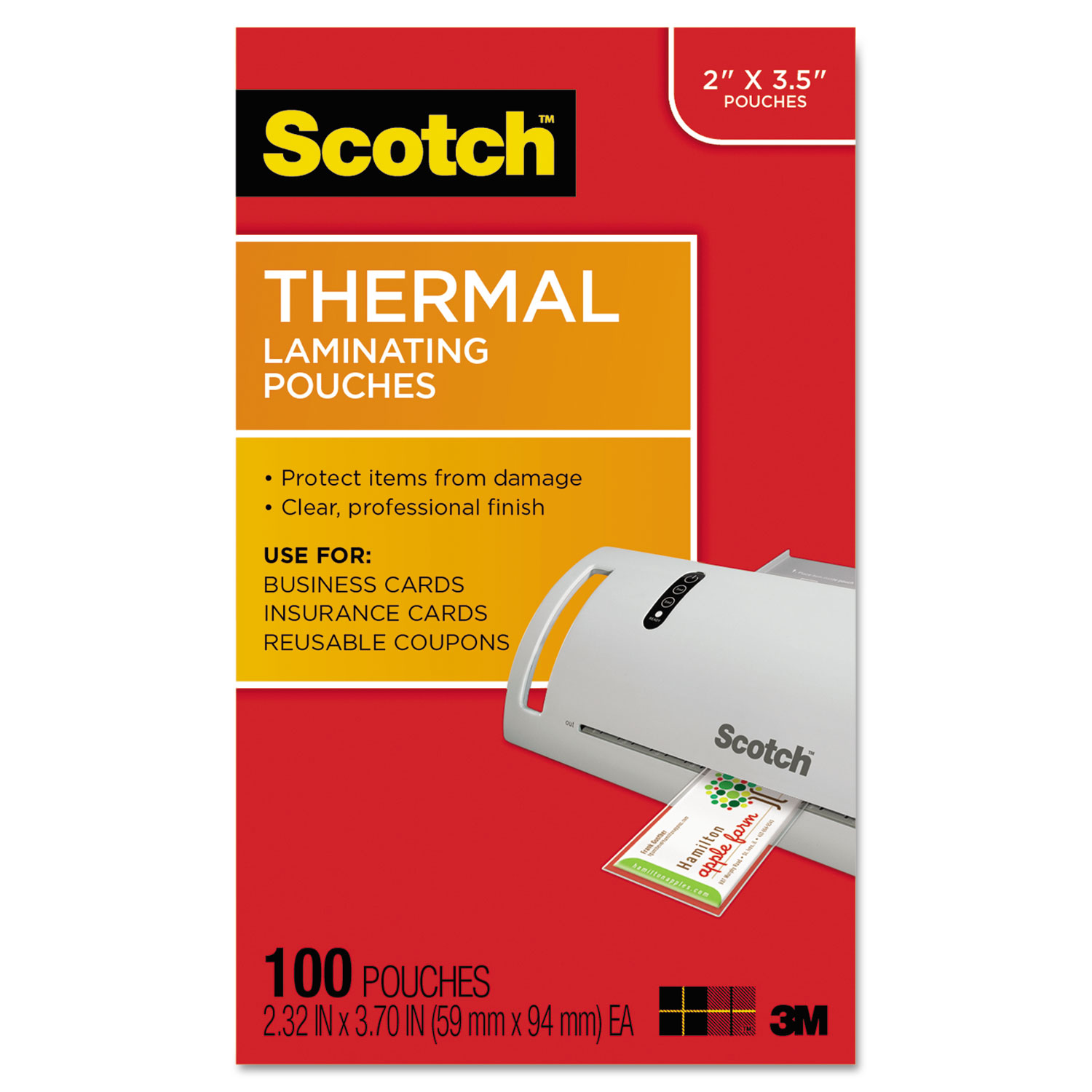Scotch Laminating Pouches, 5 mil, 3.75" x 2.38", Gloss Clear, 100/Pack