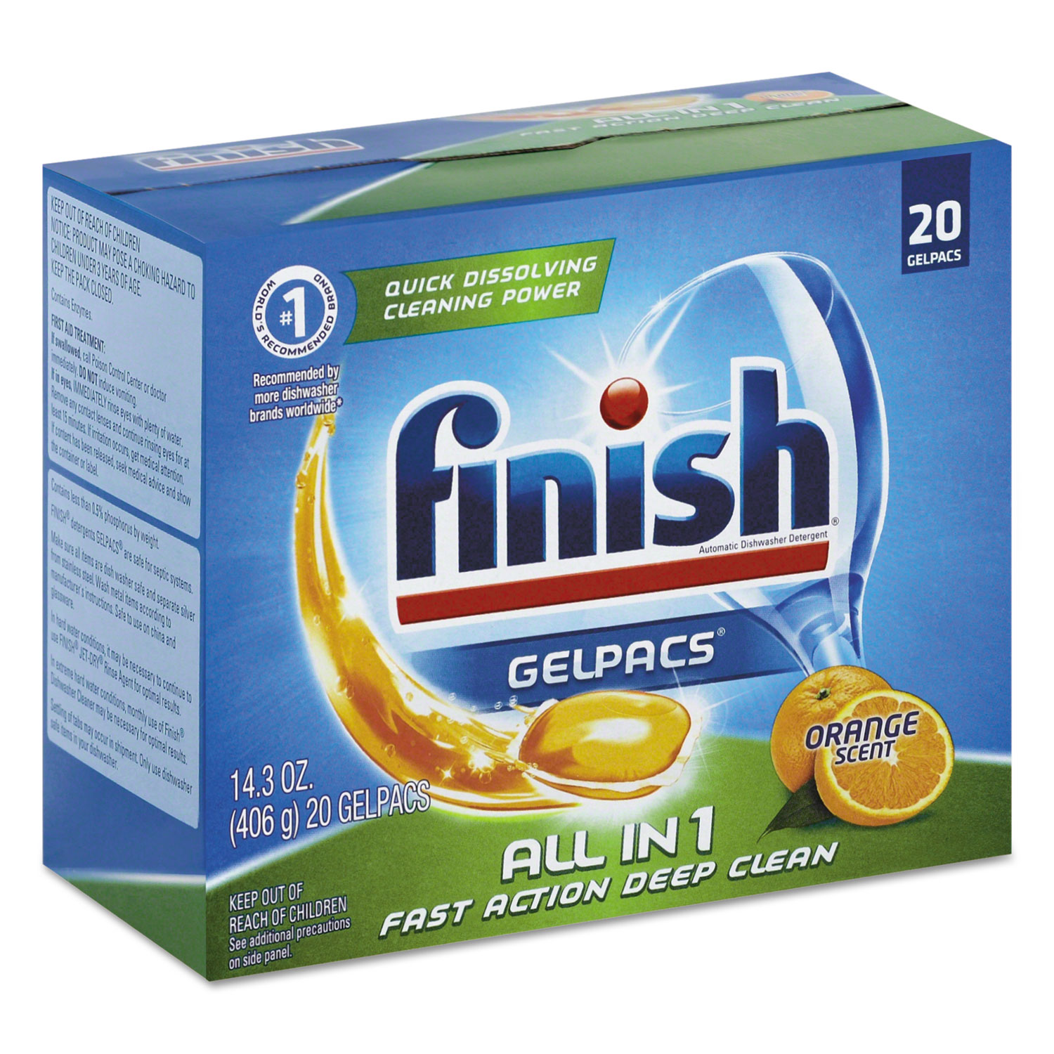 FINISH Dish Detergent Gelpacs, Orange Scent, 20 Gelpacs/Box, 8 Boxes