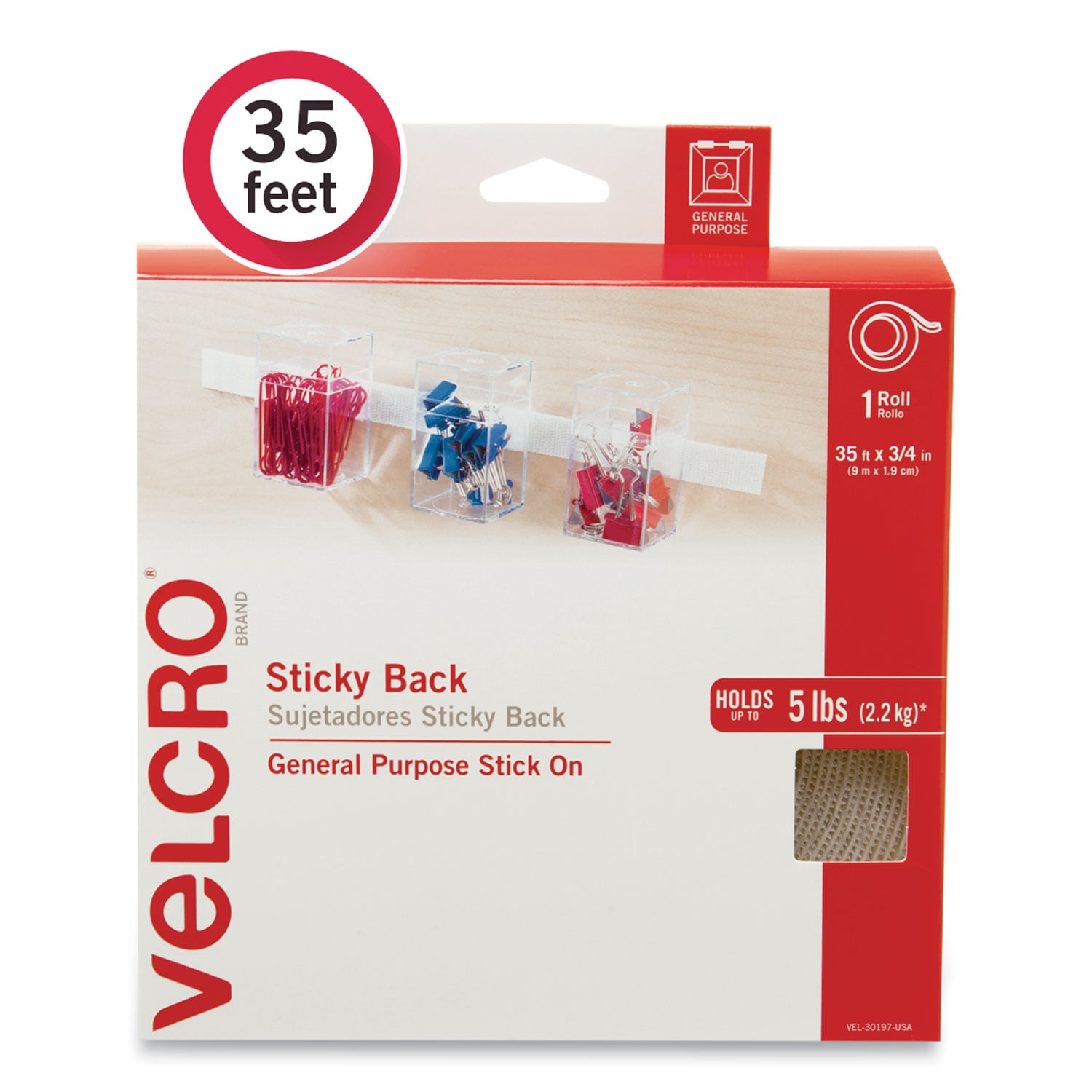 Velcro StickyBack Fasteners, Removable Adhesive, 0.75" x 35 ft, White
