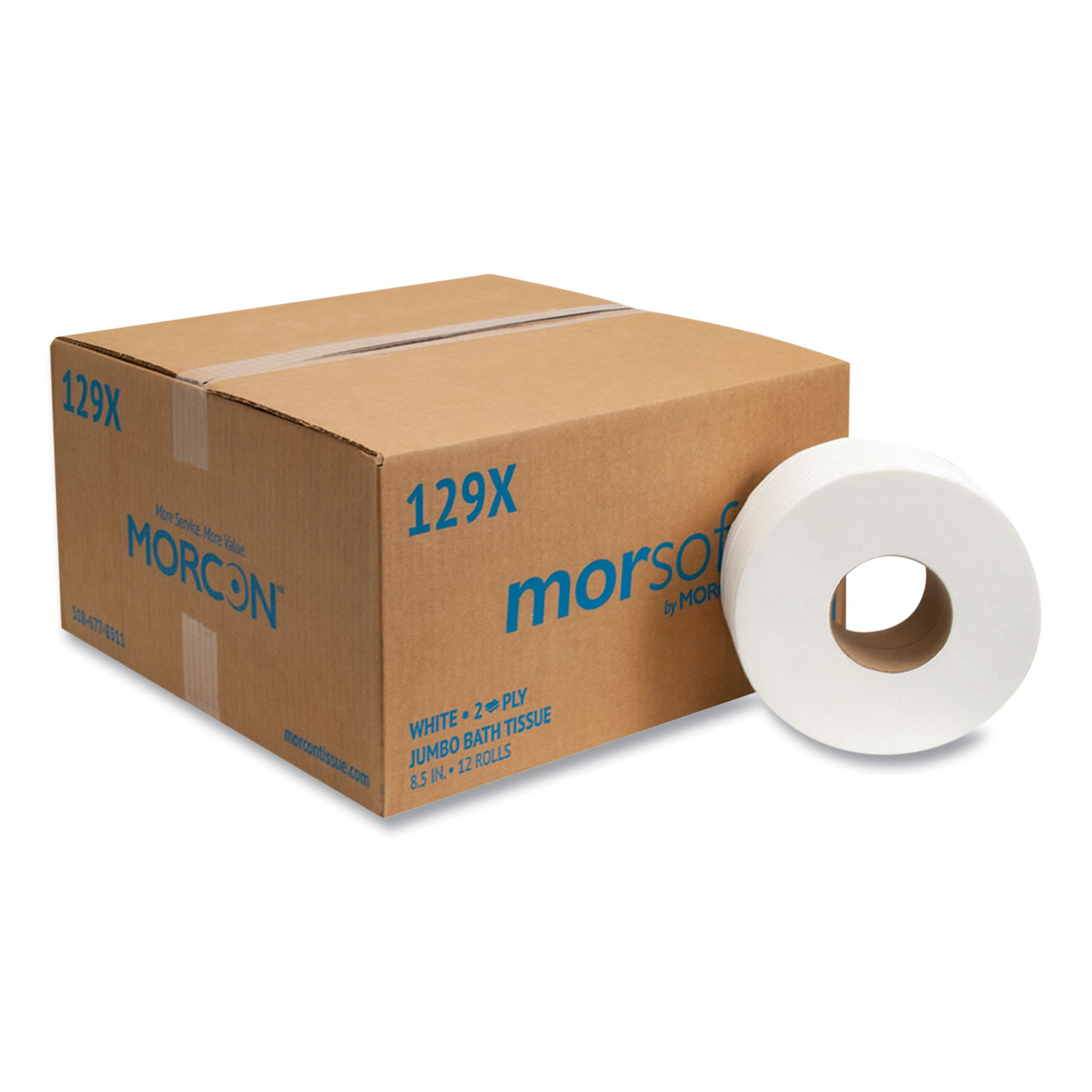 Morcon 129X Jumbo Roll Toilet Paper, 2-Ply, White, 500-ft., 12 Rolls