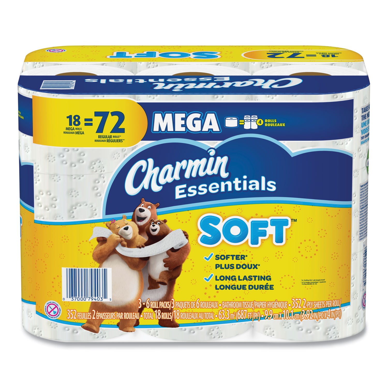 Charmin Essentials Soft Bathroom Tissue, Septic Safe, 2Ply, White, 4 x