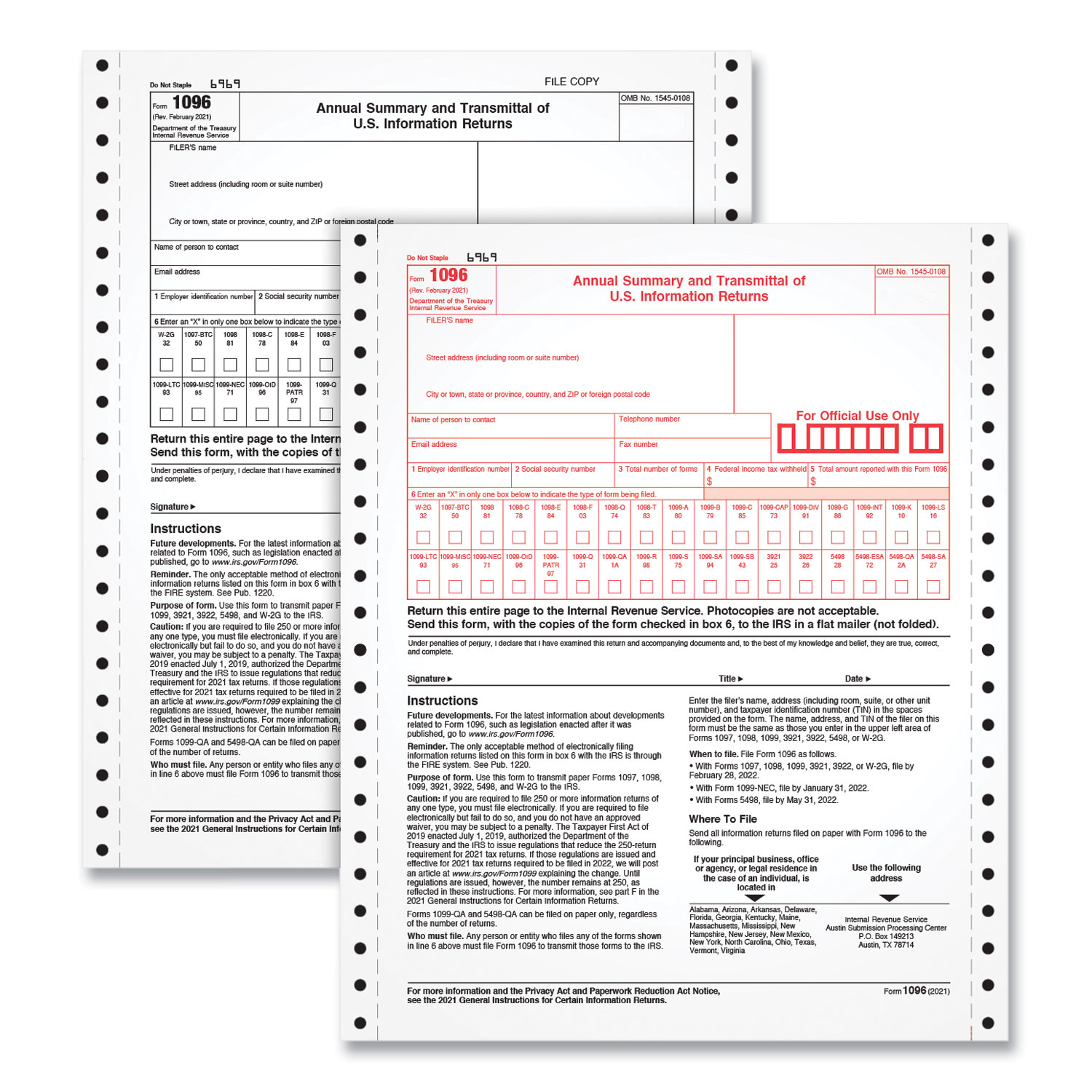 tops 1096 summary transmittal tax forms, two-part carbonless, 8 x
