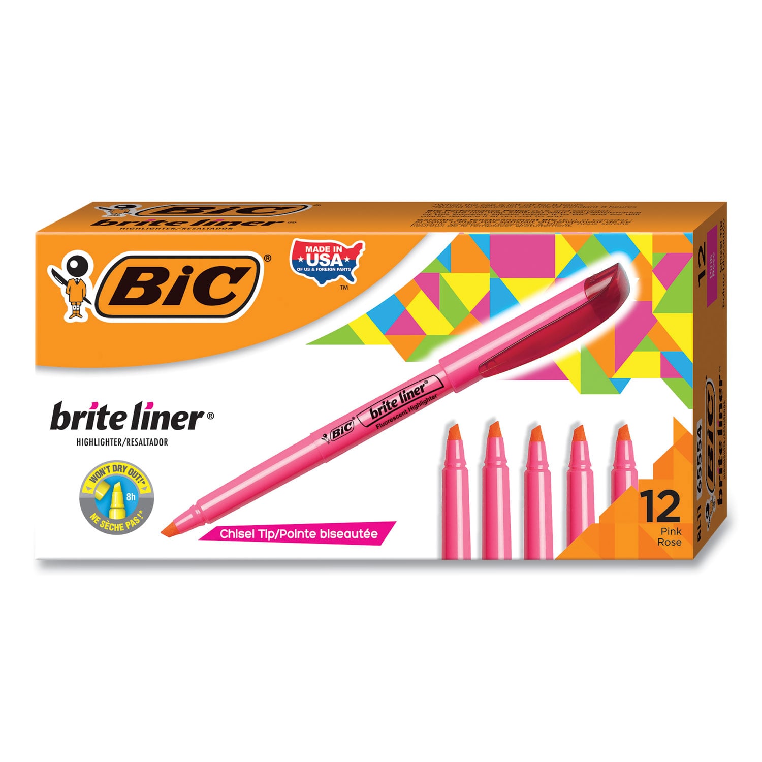 BIC Brite Liner Highlighter, Chisel Tip, Fluorescent Pink, Dozen