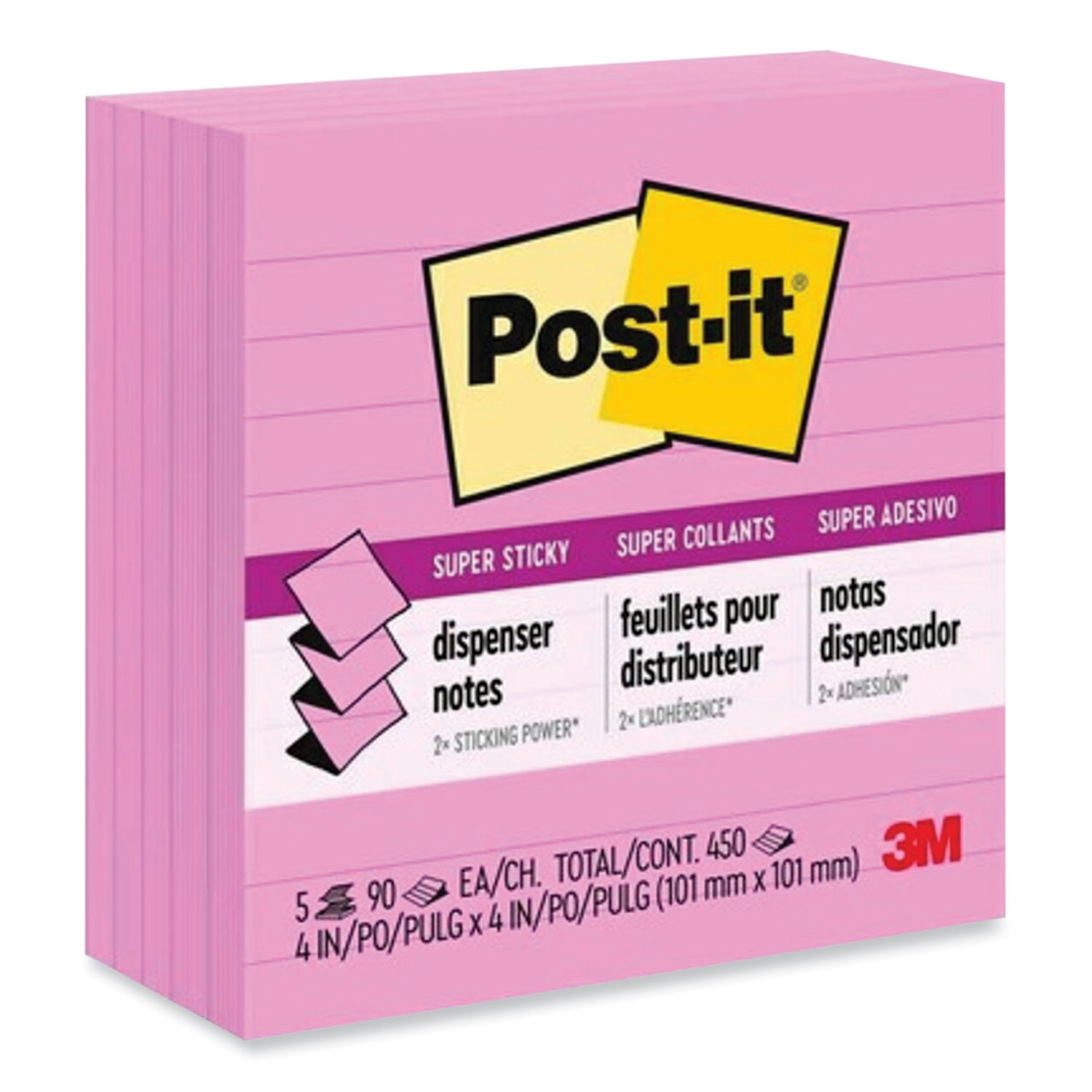Postit Popup Notes Refill, Lined, 4 x 4, Neon Pink, 90Sheet, 5/Pack