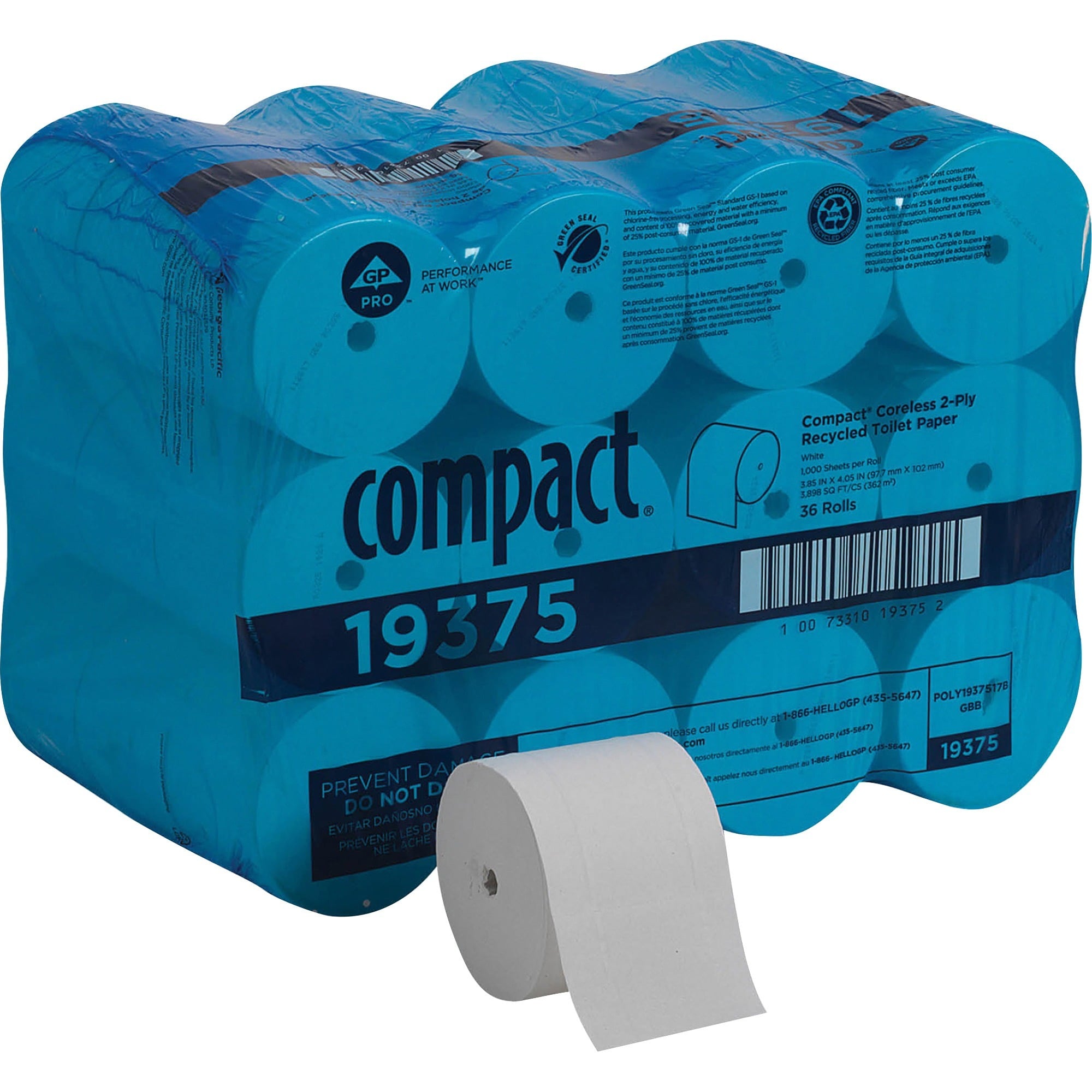 Compact 19375 Coreless Toilet Paper, 2-Ply, 1000 Sheets, 36 Rolls