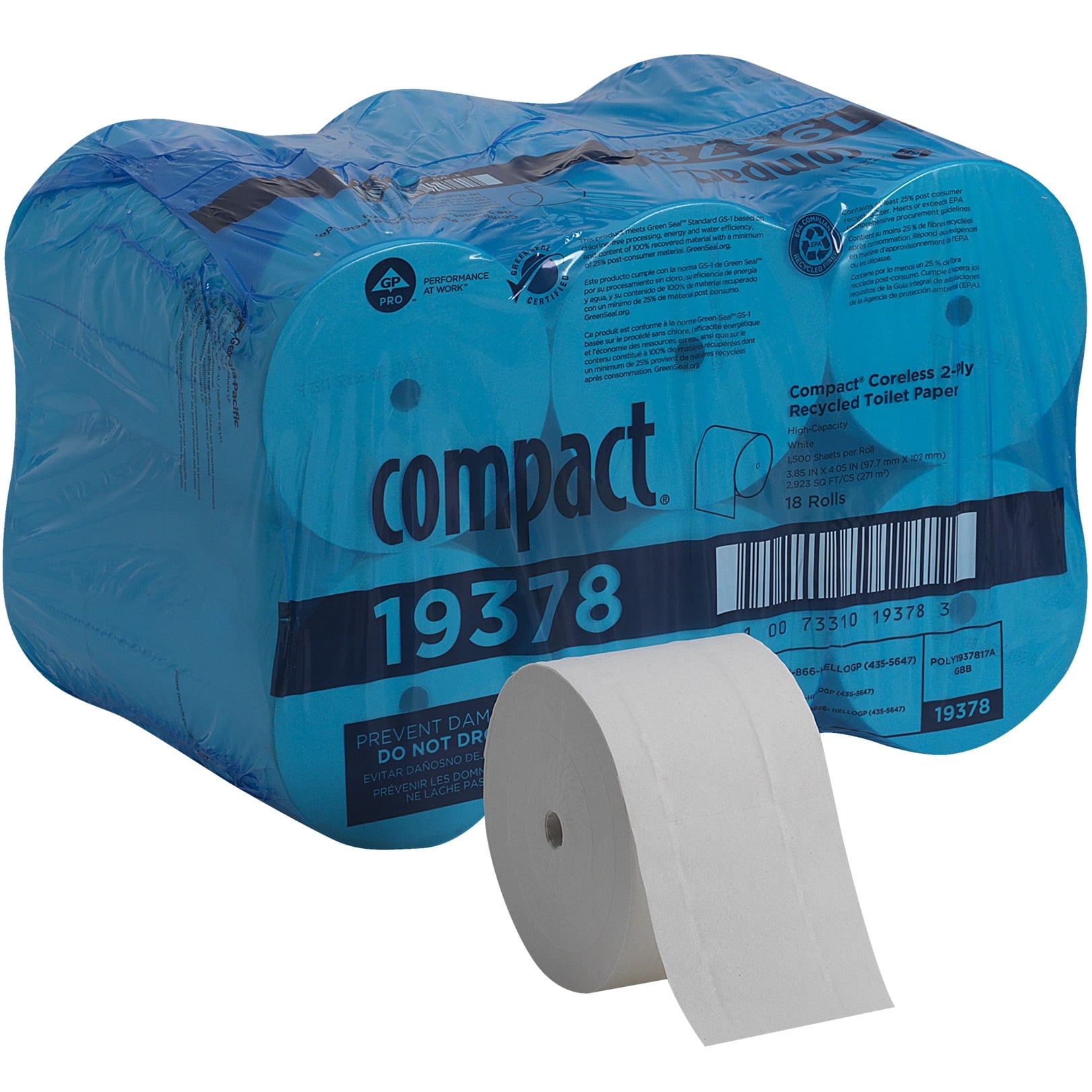 Compact 19378 Coreless Toilet Paper, 2-Ply, 1500 Sheets, 18 Rolls