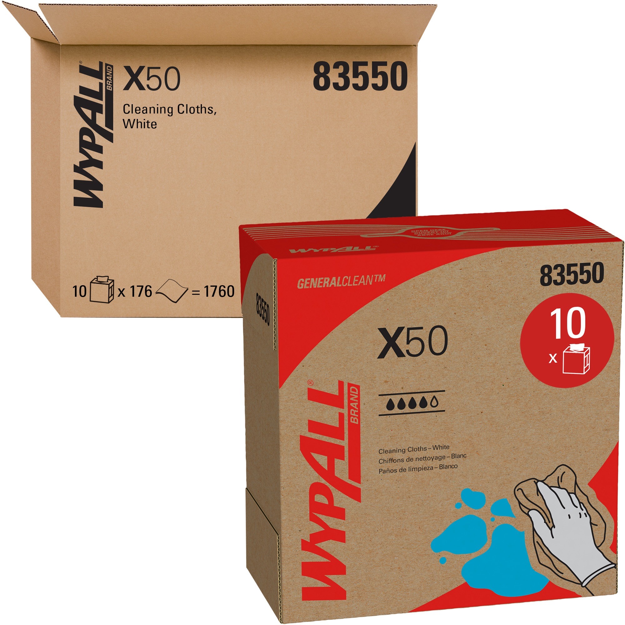WypAll X50 Cloths, POP-UP Box, 12.5 x 9.1, White, 176/Box, 10