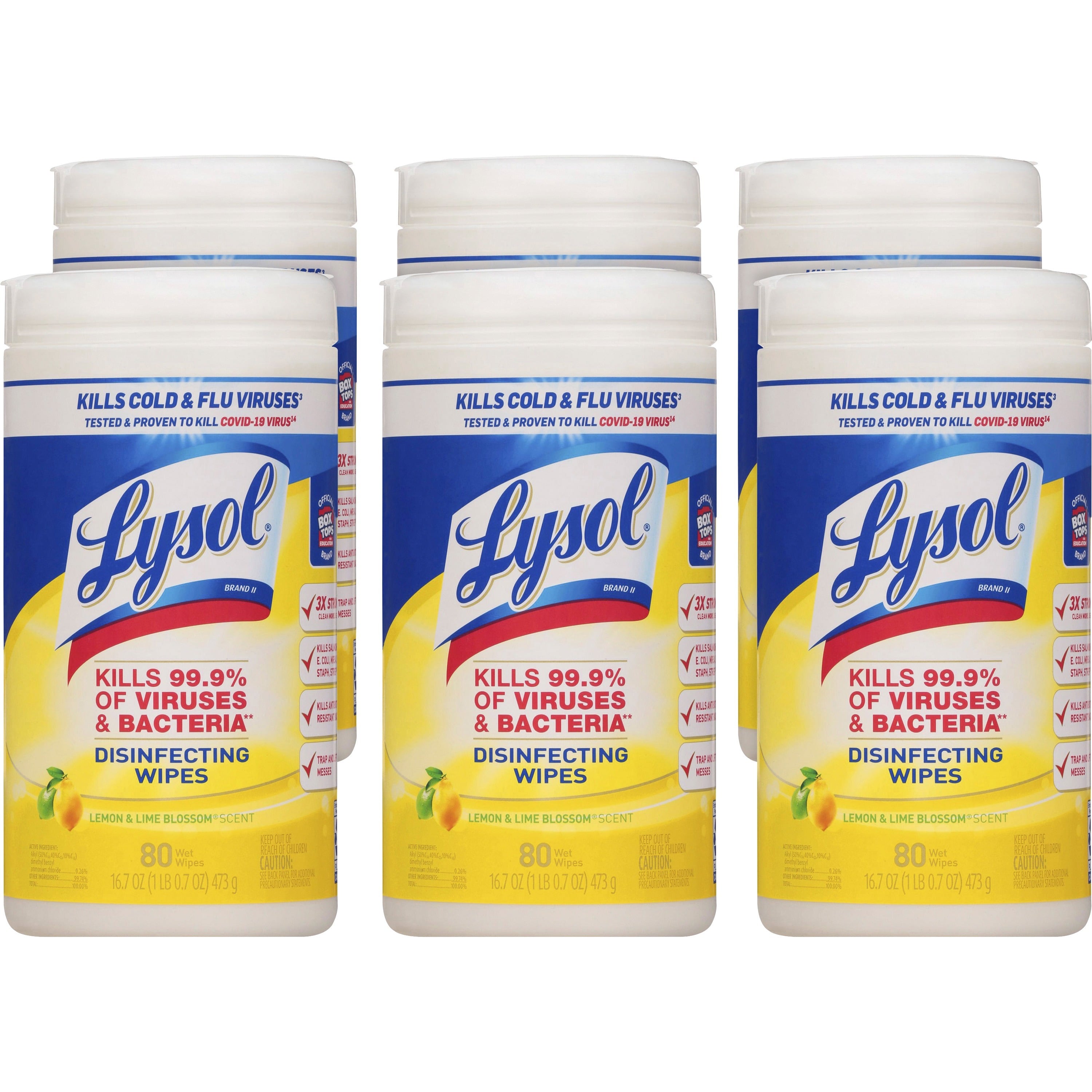 Lysol 77182 Disinfecting Wipes, Lemon & Lime, 80 Wipes, 6 Cans